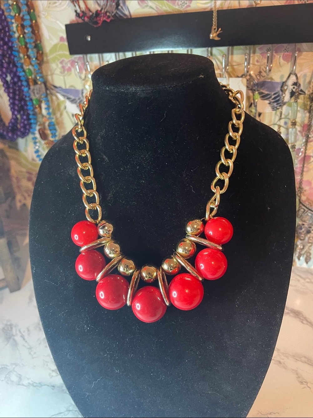 Gold Chain Necklace with Red Beaded Accents
